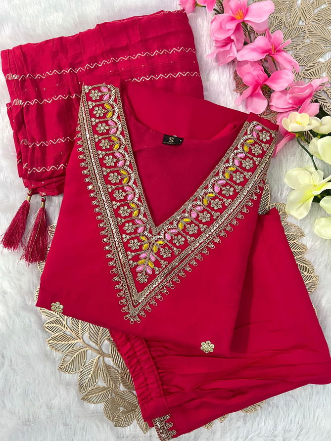 VT Tomato Pink Designer Roman Silk Embroidery Kurti With Bottom Dupatta Wholesale Price In Surat
